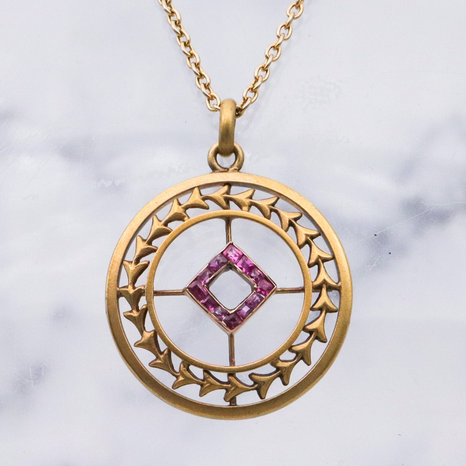 Antique Art Deco 14k gold ruby circle pendant